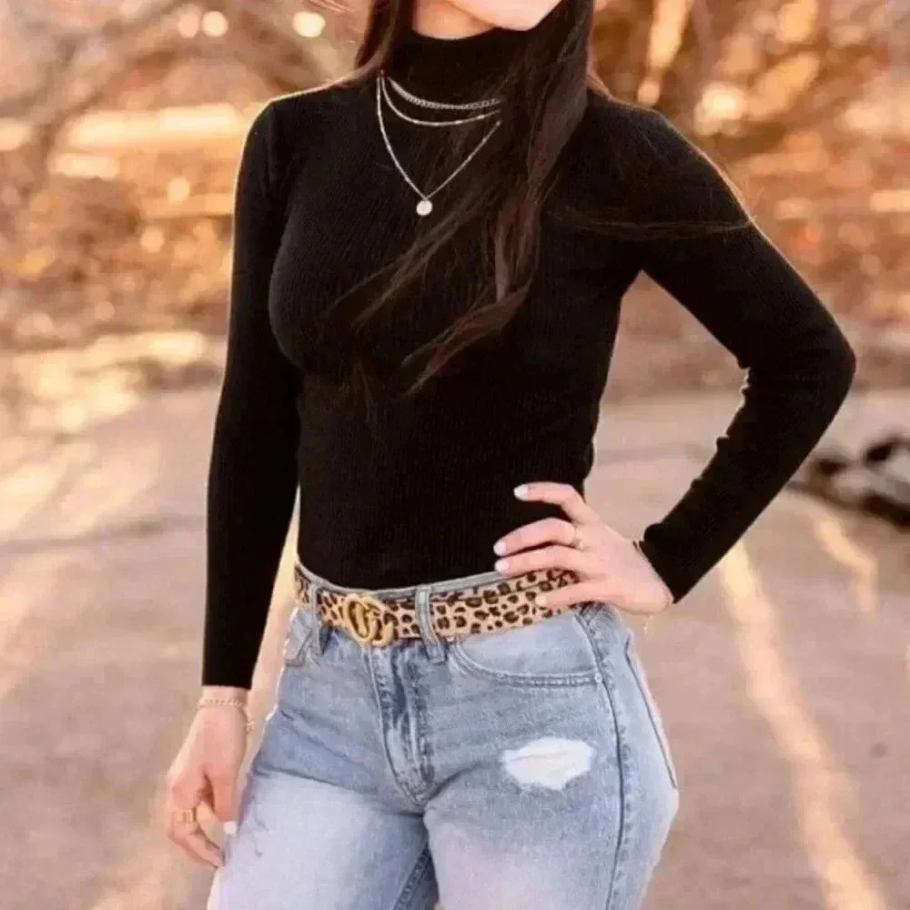 Black Preppy High Neck turtleneck  Rib Knit Sweater top